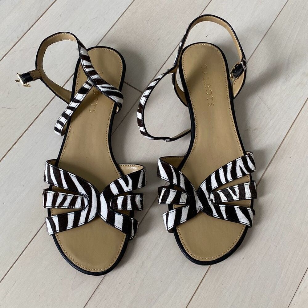 Talbots Zebra Haircalf Leather Daisy Micro Wedge Sandals Black White Size 8